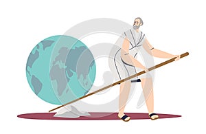 Man holding lever trying to lift earth with fulcrum. Cartoon male lifting stone with efforts