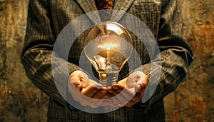 A man is holding a light bulb in his hand by AI generated image