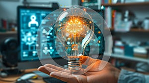 Man holding light bulb near working computer, idea generation concept
