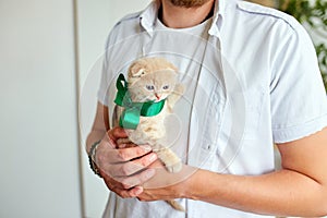 Man holding little kitten in hand, surprise presenting cat