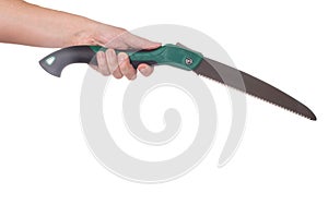 Man holding a lopper saw in hand on a white background, close-up, isolate