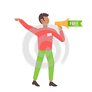 Man holding loudspeaker african american announcer shouting megaphone special offer discount announcement concept male