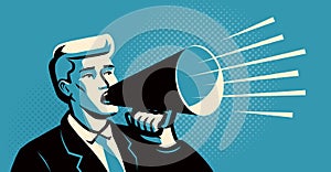 Man holding a loudspeaker shouts announcing. Business concept. Megaphone vector illustration