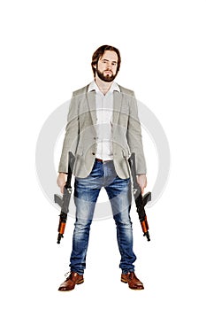 Man holding a machine gun isolated on white background