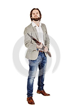 Man holding a machine gun isolated on white background