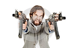 Man holding a machine gun isolated on white background