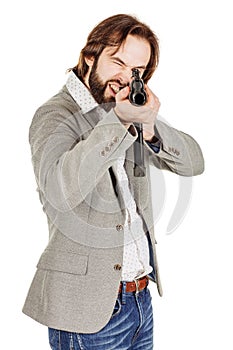 Man holding a machine gun isolated on white background