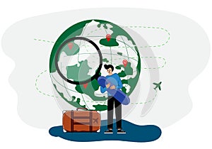 Man holding a magnifying glass and a suitcase on the back of a globe and an airplane : Concept. Scan around the world.