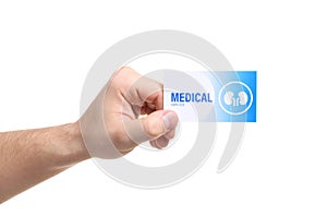 Man holding medical business card isolated on white. Nephrology service