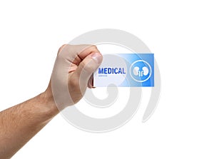 Man holding medical business card isolated on white. Nephrology service