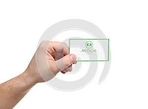 Man holding medical business card isolated on white. Nephrology service