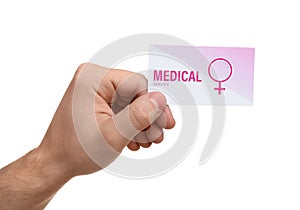 Man holding medical business card isolated on white. Women`s health service