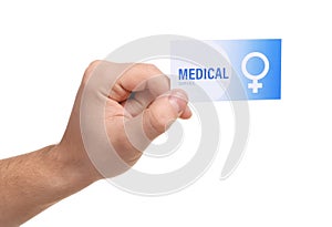 Man holding medical business card on white, closeup. Women`s health service