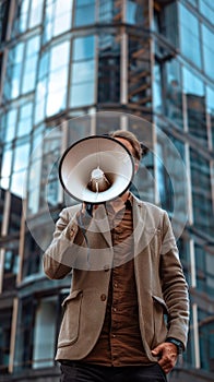 Man Holding Megaphone Outdoors