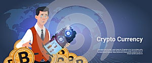 Man Holding Microchip And Bitcoin Over World Map Background Crypto Currency Concept