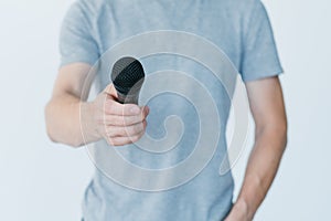 Man holding microphone interview broadcaster media