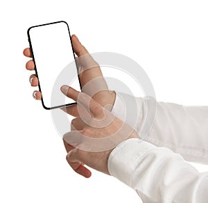 Man holding mobile phone with empty screen on white background