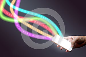 Man holding mobile phone and fiber optical light network.