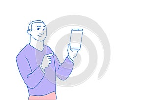 Man holding modern digital cell smart phone mobile application online communication concept male character portrait