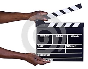 Man holding movie production clapper board photo