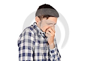 Man holding nose against bad smell.