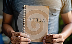 Man holding notebook with review inscription. Customer review concept. Reviewing, auditing, reviewer. Service rating. Feedback