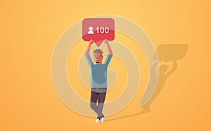 Man holding notification icon blogger excited about followers activity on social media networking blogging concept full