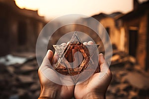 A man holding an old and rusty star of David in their hands on ruins background.