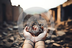 A man holding an old and rusty star of David in their hands on ruins background.