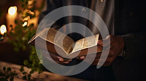A man holding an open bible in front of a candle, AI