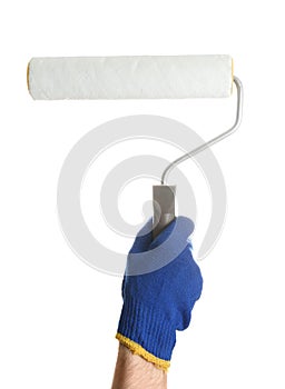 Man holding paint roller brush on white background, closeup