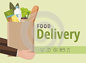 Man holding a paper bag with food. Food delivery service concept, online order.