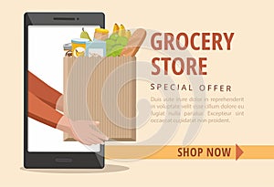 Man holding a paper bag with food. Food delivery service. Online order.