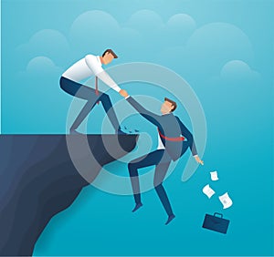 Man holding partner hands hanging cliff help concept together. vector illustration