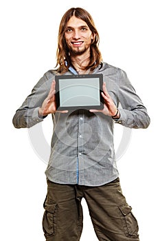 Man holding pc tablet. Blank screen copyspace.