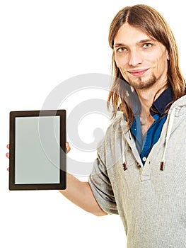 Man holding pc tablet. Blank screen copyspace.