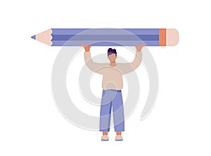 Man holding pencil over his head. Concept of search information, solution, analyze, write, journalist, blogger. Vector