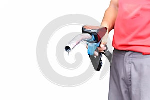 Man holding petrol pump nozzle with drop of fossil fuel isolated