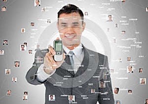 Man holding phone with Profile portraits of people contacts