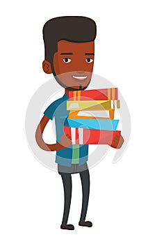 Man holding pile of books vector illustration.