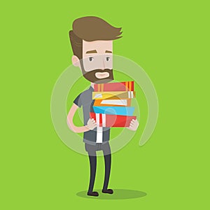 Man holding pile of books vector illustration.