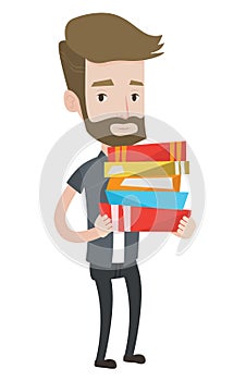 Man holding pile of books vector illustration.