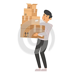 Man holding a pile of boxes isolated