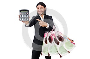 The man holding plastic bags and calculator isolated on white