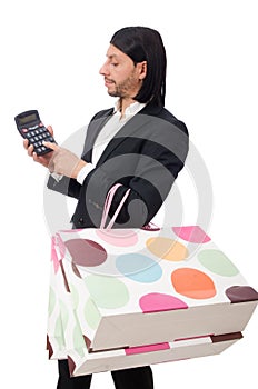 The man holding plastic bags and calculator isolated on white