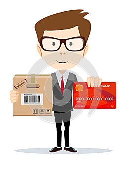 Man holding plastic credit card and cardboard box . Flat style.