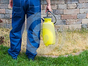 Man holding a plastic yellow portable sprayer