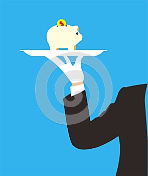 Man holding a plate, piggy and coin on the plate, vector illustration