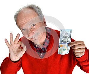 Man holding with pleasure one hundred dollar bill