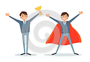 Man Holding Prize Cup and Business Superman Boss